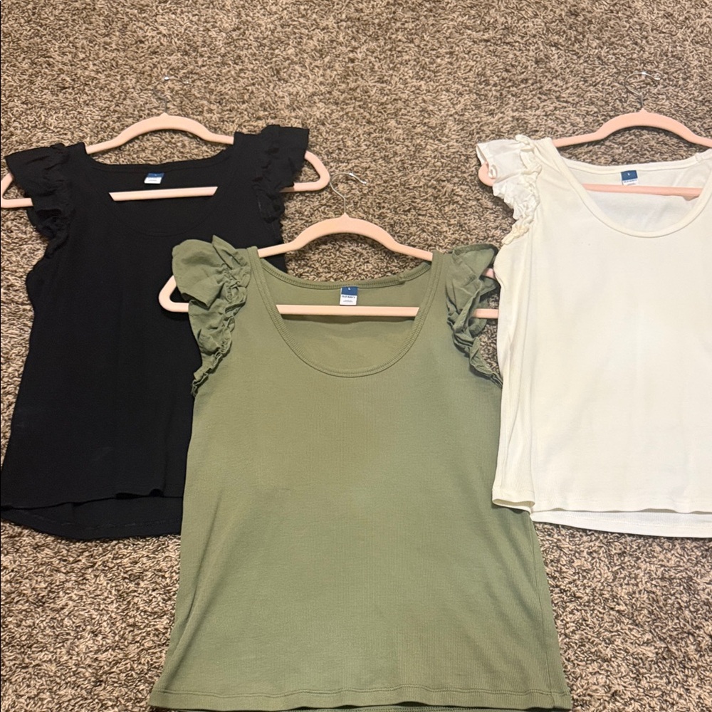 Old Navy Women's Ruffle Sleeve Tank Tops - Black, Olive, and White